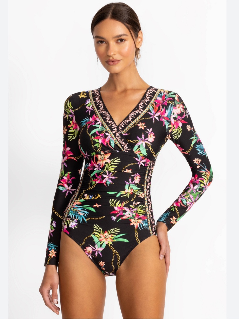 Johnny Was Miller Ruched Wrap Surf Long Sleeve One Piece Swimsuit Size Small NWT
